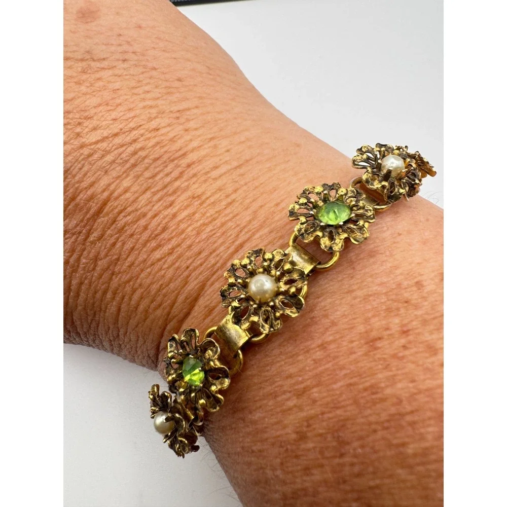 Vintage Flower Bracelet Gold Tone Filigree Green Rhinestone Faux Pearl 7